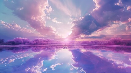 Wall Mural - Mirror of the Sky, a Light Blue Sky with Bright Purple Scale Clouds Forming a Hollow and Huge Heart Shape, with a Bright Purple Lake Reflecting the Sky and Scattered Trees on the Skyline, Bright Purpl