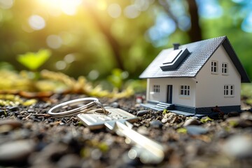 Poster - Key with mini house model on table, New home : Generative AI