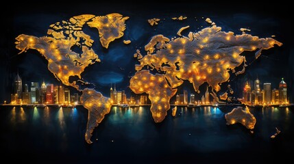 Canvas Print - nightscape world map city lights