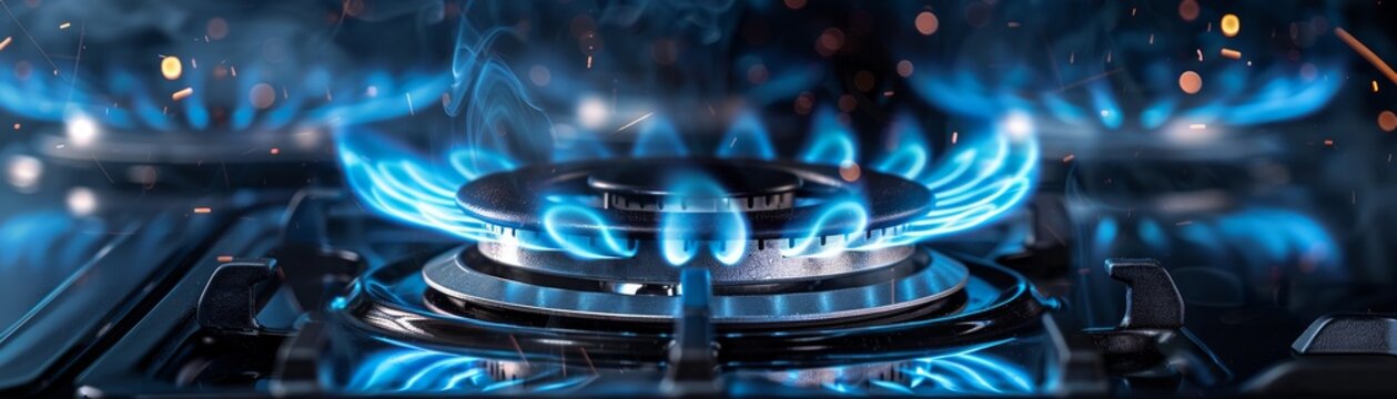 A stove with four burners and a blue flame. The blue flame is on the top left burner