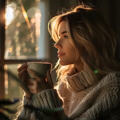 Canvas Print - Woman Savoring Her Morning Coffee in Peaceful Tranquility First Light of the Day