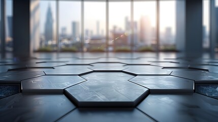 Wall Mural - Hexagonal Patterned Table in Sleek High Tech Office Setting for Product Display