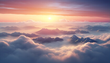 sun rising over clouds and mountains, generative ai