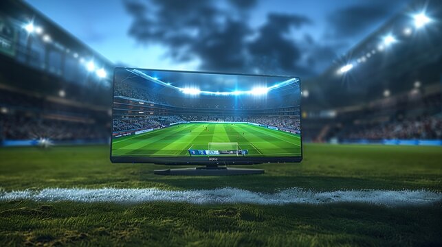 smart tv on a soccer field, playing a match in a big stadium at night, front : Generative AI