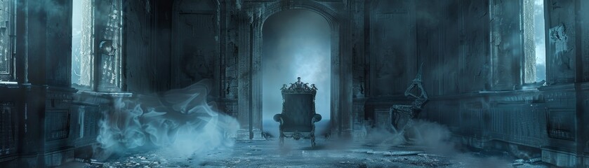 Wall Mural - A dark room with a chair in the center and smoke coming out of it. The chair is surrounded by candles and there is a rug on the floor. Scene is eerie and mysterious