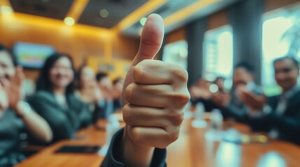 A business leader giving a thumbsup to their team after a successful strategy meeting, with everyone smiling and clapping