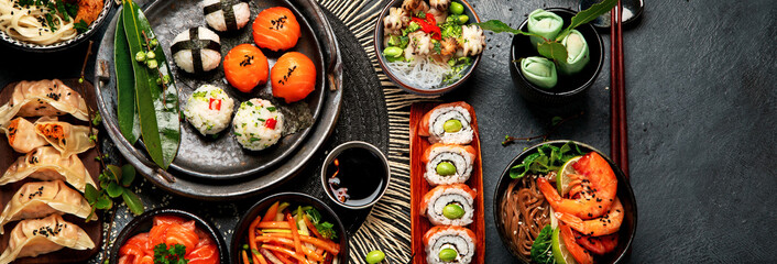 Wall Mural - Traditional Japanese food dishes served on the table.