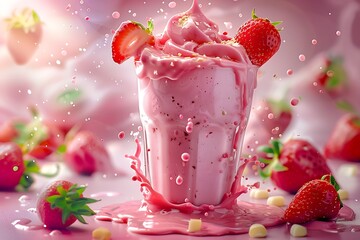 Poster - Strawberry smoothie frappe effect swirling wave strawberry milk splash around glass. : Generative AI