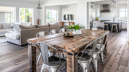 Wall Mural - Elegant dining room with wooden table and metal chairs, open to living room with L-shaped sofa.