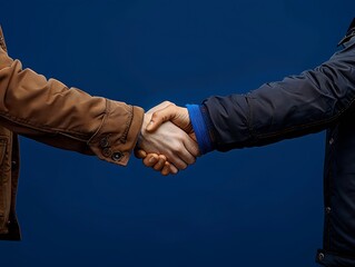 Canvas Print - two hands in a handshake in jackets on a dark blue background, office style : Generative AI