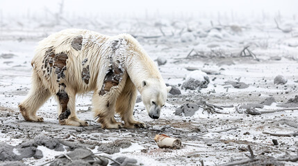 emaciated polar bear struggling for food in a warming arctic wasteland