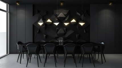 Wall Mural - Black and white dining room with geometric lights.