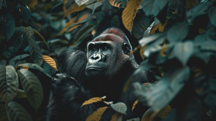 A gorilla is standing in a jungle with green leaves