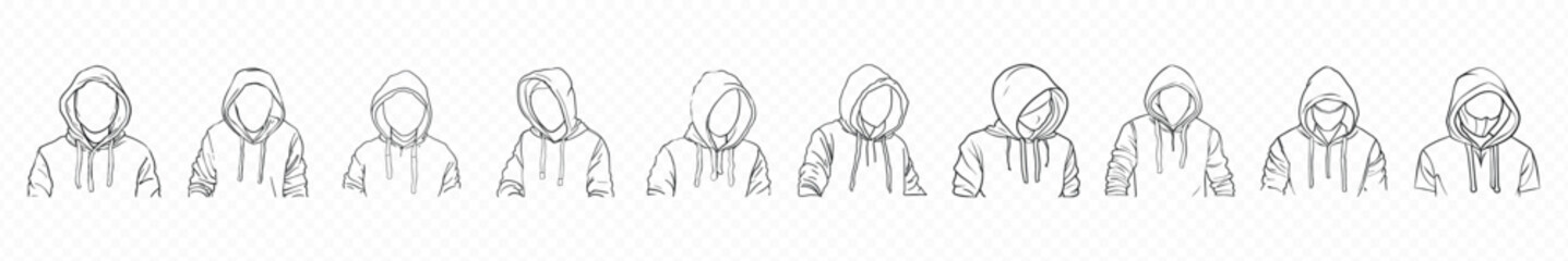 Hoodie jacket icon, Hoody line icon. Hoodie wear sign. Hooded sweatshirt symbol. Hoodie Sweatshirt overall technical fashion Drawing flat sketch template, Long sleeve hoodie