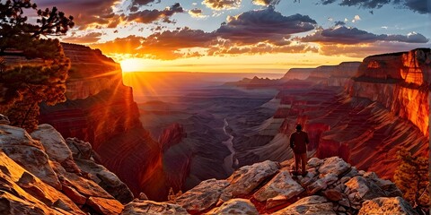 sunrise over grand canyon in vibrant colors casting light on overhanging rock formations