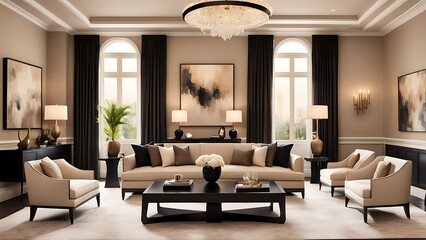 Premium living room with chair  black table  taupe beige walls  and ivory interior.