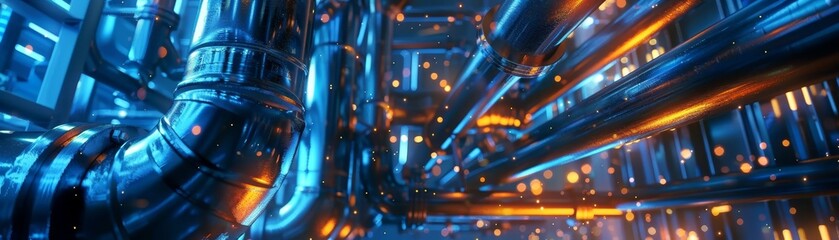 A close up of a large industrial pipe system with a lot of orange and blue colors. Concept of complexity and industrialization