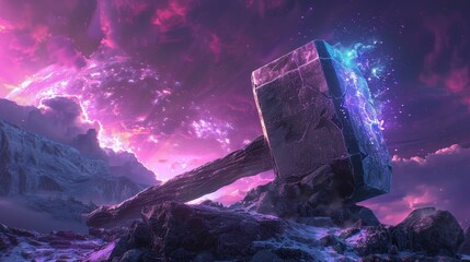 Wall Mural - Ancient, weathered hammer in a fantasy setting, glowing neon sky with vibrant hues, creating a magical atmosphere