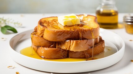 Wall Mural - A stack of three buttered toast with honey drizzled on top. Concept of indulgence and comfort, as the toast is a classic breakfast food that is often associated with warmth and satisfaction