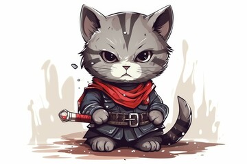 Wall Mural - Unique anime illustration of brave Egyptian Mau cat in adorable Samurai armor with a beautiful face.