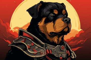 Wall Mural - Stunning anime style illustration of a brave Rottweiler dog in samurai armor with a cute and beautiful face.