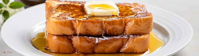 Poster - A stack of three buttered toast with honey drizzled on top. Concept of indulgence and comfort, as the toast is a classic breakfast food that is often associated with warmth and satisfaction