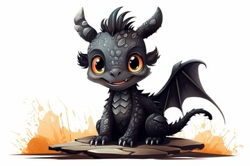 Wall Mural - Cute cartoon black baby dragon character with horns, perfect for fantasy stories.
