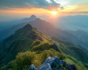 Poster - Golden Hour Lighting Up Majestic Mountain Peaks with Warm Glow and Long Shadows