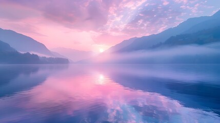 Poster - Breathtaking Dawn Reflection Over Tranquil Mountain Lake Landscape