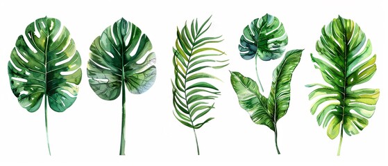 A Collection of tropical leaves in watercolor style isolated on white background.
