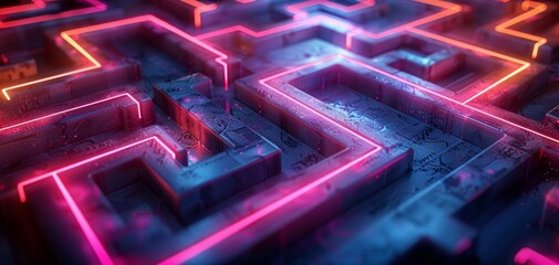 Wall Mural - A vibrant, neon-lit maze with a futuristic design, illuminated with pink and blue lights, creating a mesmerizing and abstract visual effect.