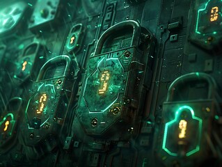 Fototapete - Digital locks and security codes on a tech grid
