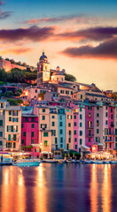 Wall Mural - Magnific sunrise in Portovenere town. Picturesque spring seascape of Mediterranean sea,  Liguria, province of La Spezia, Italy, Europe. Traveling concept background.