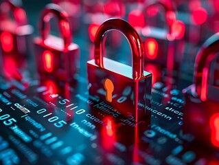 Fototapete - Digital locks and security codes on a tech grid