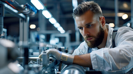 A man with a beard is working on a machine. He is wearing a white shirt and a blue vest