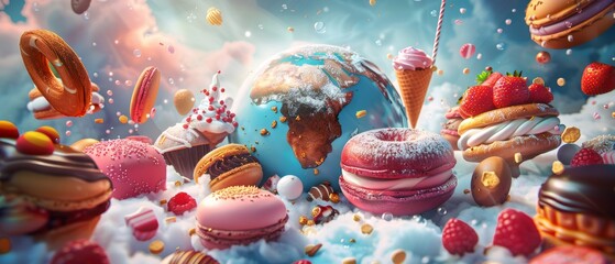 Enchanting confectionery world with macarons, ice cream, and desserts floating around a globe, evoking a dreamy fantasy atmosphere.