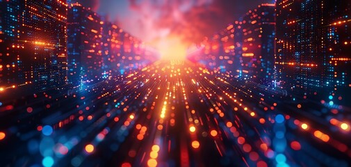 Futuristic digital landscape with glowing neon lights and vibrant colors. Concept of technology and data. Perfect for sci-fi and tech themes.
