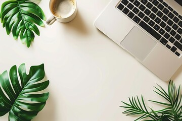 Minimalist workspace with laptop, coffee, and tropical plants on a clean desk. Perfect for relaxation and productivity in a modern office setting.