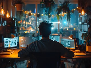 Wall Mural - Hardworking Entrepreneur Burning Midnight Oil in Startup Office with Digital Devices