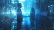 © Thanadol - Business handshake over holographic deal, Futuristic, Blue tones, Realistic rendering, Trust in technology