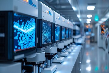 Poster - Modern biotech lab with advanced data visualizations