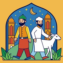 a muslim man celbrating eid al-adha with his goat