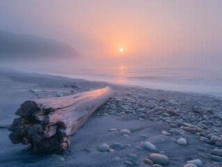 Poster - Serene Foggy Sunrise Over Driftwood Dotted Beach Landscape