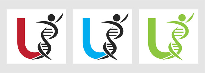 Letter U DNA Logo With Human Symbol. DNA Cell Icon. Health Care Sign