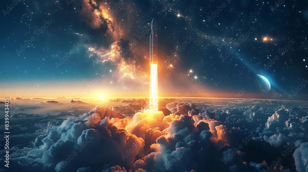 A powerful rocket launches into the starry night sky, leaving a trail ...