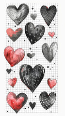 Wall Mural - Black and red watercolor hearts drawn on a checkered sheet of paper.