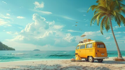 Canvas Print - Yellow van with summer accessories on beautiful tropical sand beach. Summer travel concept background. 3D Rendering, 3D Illustration