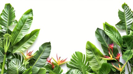 Wall Mural - Green leaves of tropical plants, flower arrangement in the garden, nature backdrop, isolated on white background