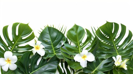Green leaves of tropical plants, flower arrangement in the garden, nature backdrop, isolated on white background