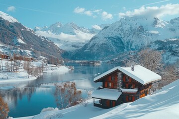 Wall Mural - Cabin on Snowy Hill